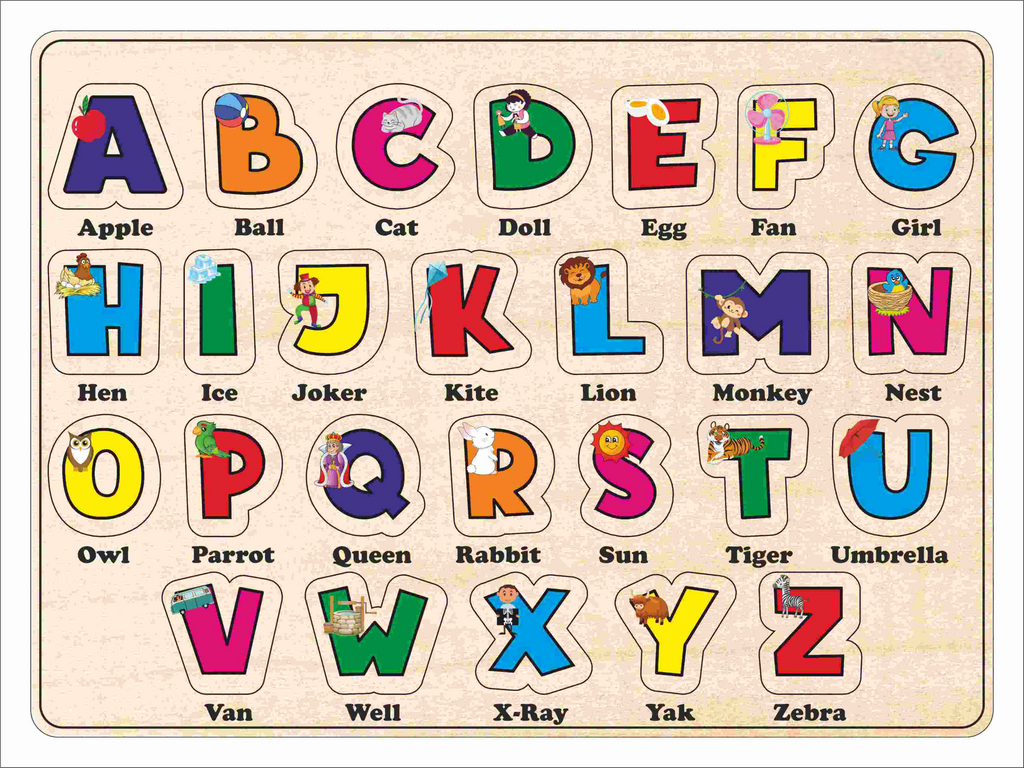 Wooden alphabet puzzle board A to Z with picture words