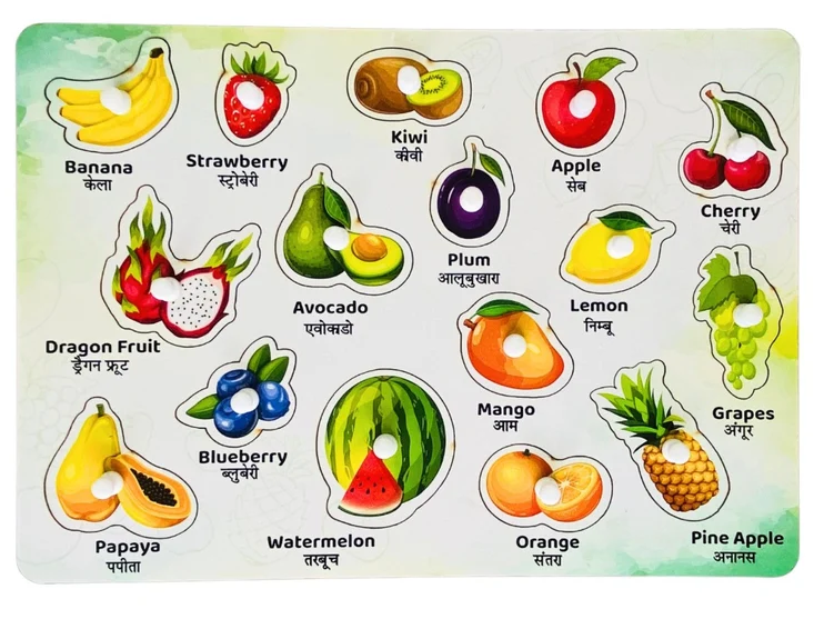 Wooden fruits puzzle board with 16 fruits in English and Hindi