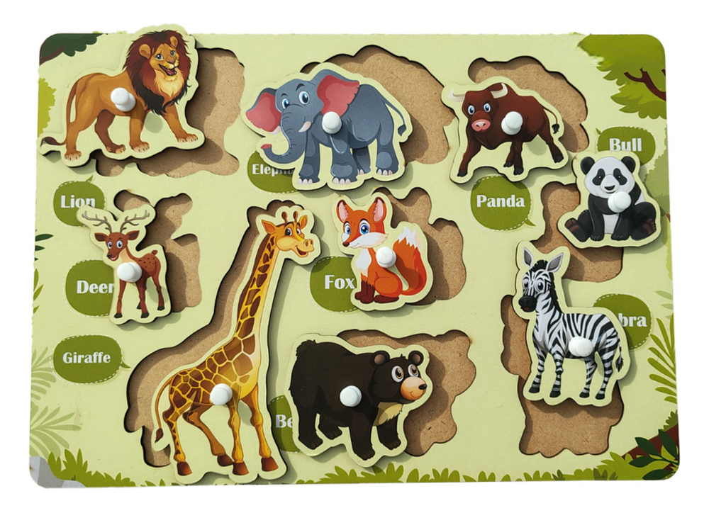 Wooden wild animals puzzle board with knobs, 9 animals
