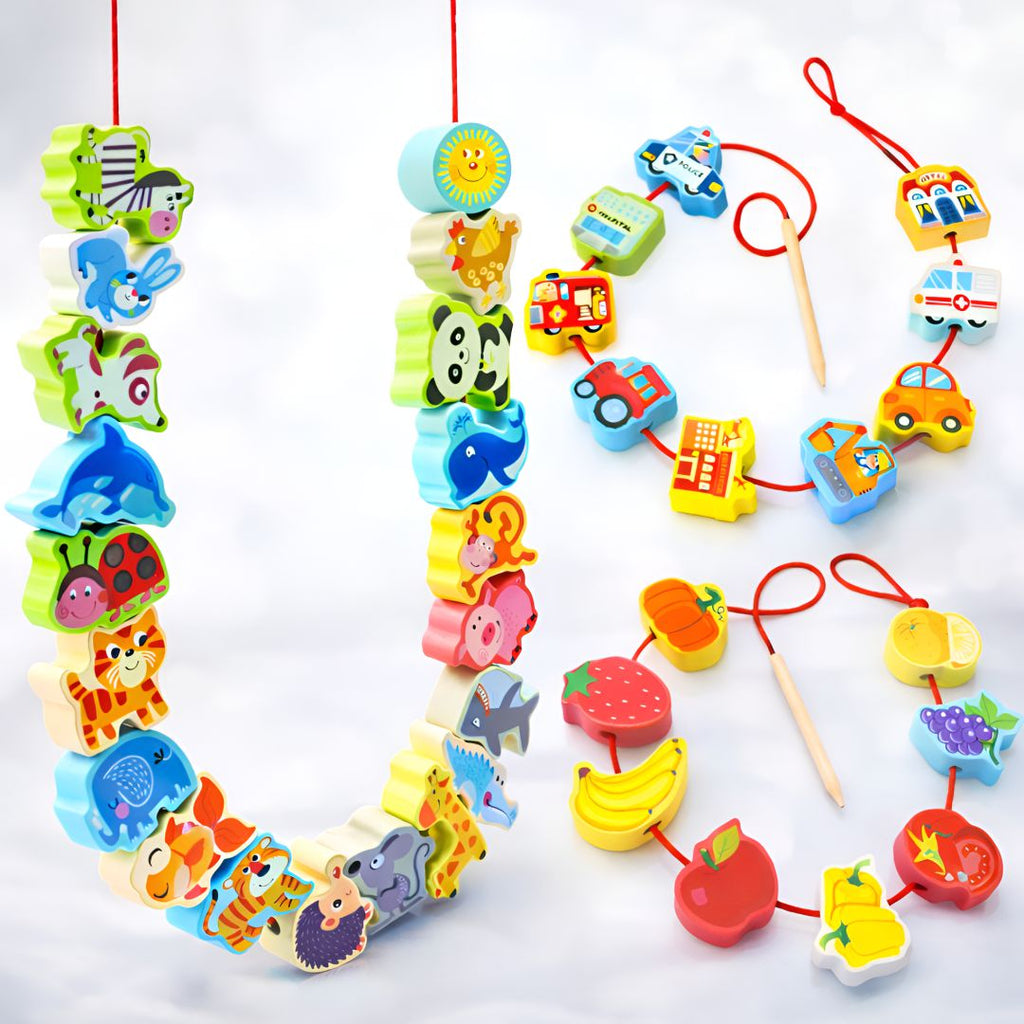 Wooden lacing beads toy with animals, vehicles and fruits