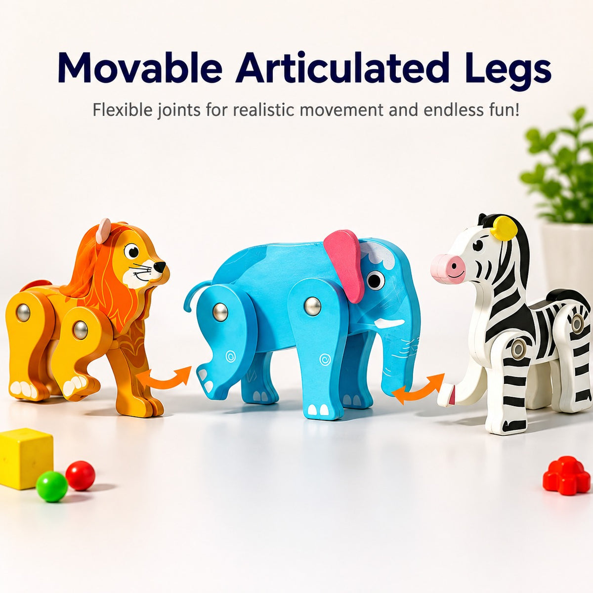Movable articulated legs on wooden animals