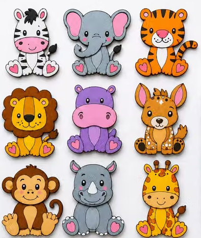 Example of the 9 wooden animals after painting
