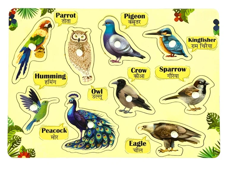 Wooden birds puzzle board with 9 birds in English and Hindi
