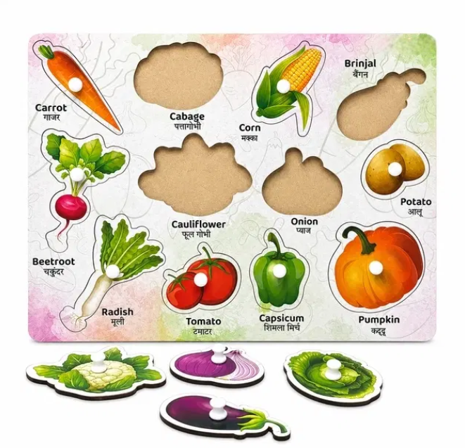 Wooden vegetables puzzle with pieces