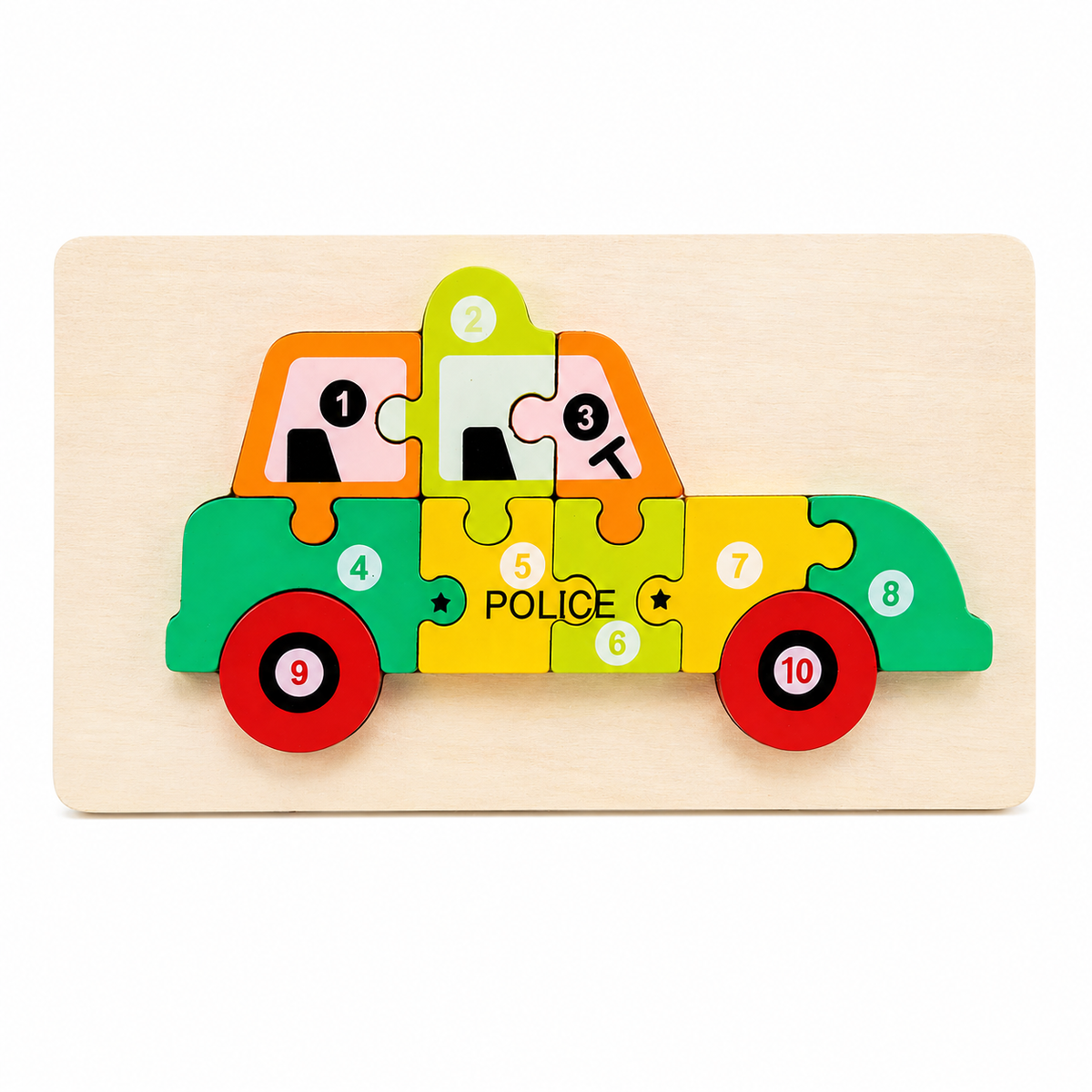 Chunky 3D wooden police car number puzzle 1 to 10