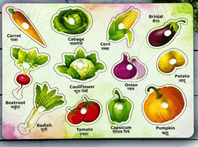 Wooden vegetables puzzle board with knobs, 12 vegetables in English and Hindi