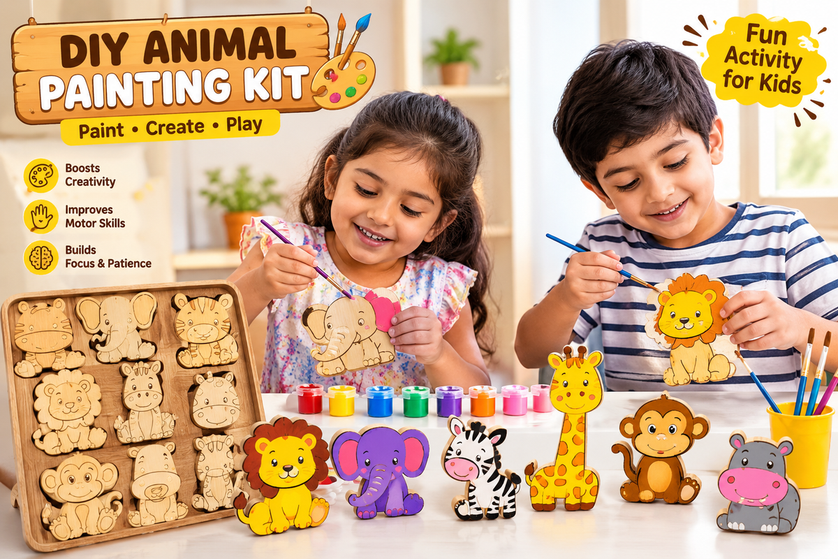 Children painting wooden animals from the free DIY painting kit