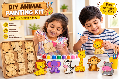 Kids painting wooden animals from the DIY Animal Painting Kit