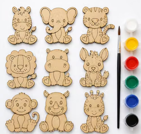 FREE DIY painting kit in the combo: 9 wooden animals, 6 paints and a brush